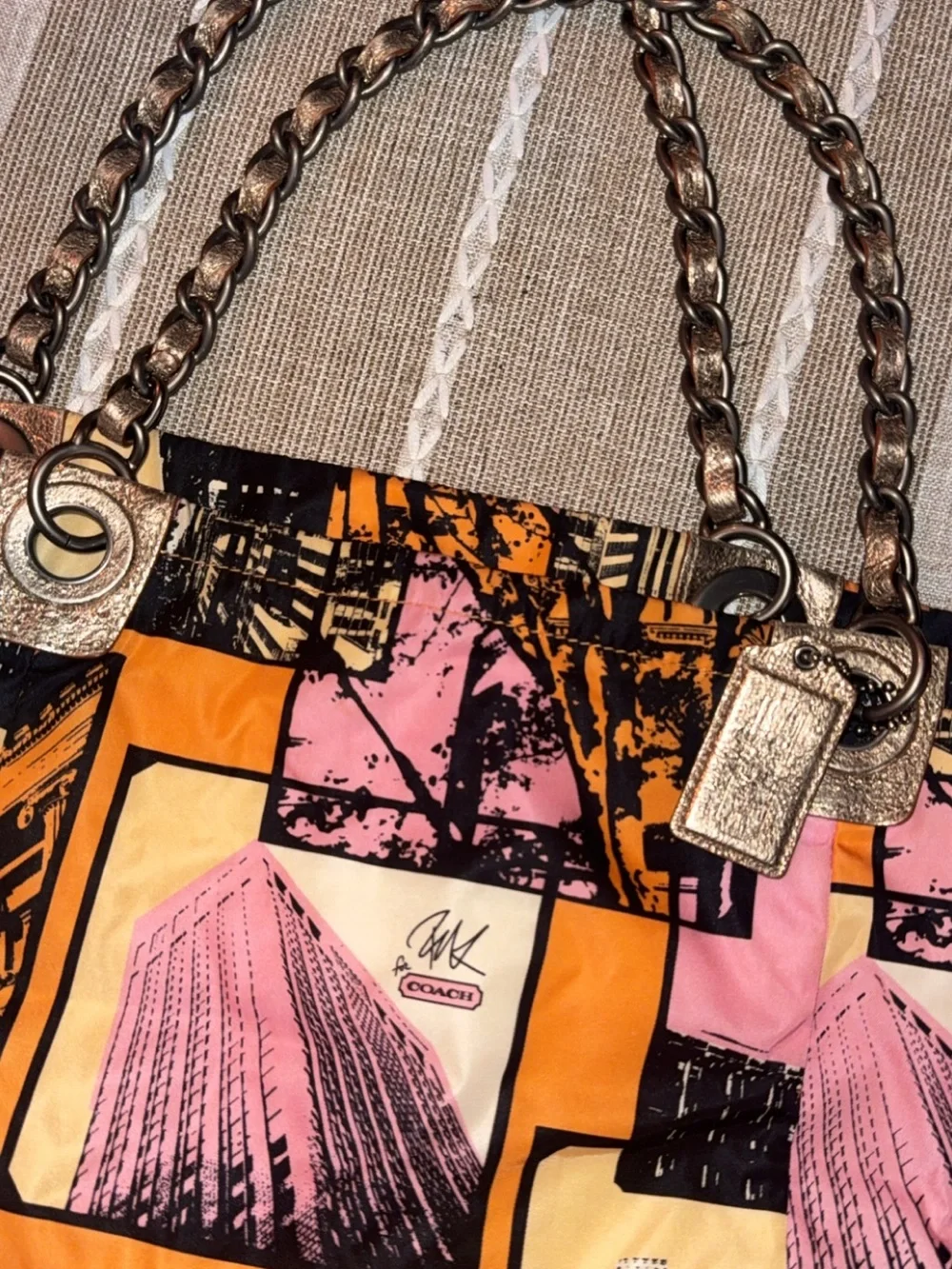 Coach Pink & Orange City-Print Chain-Handle Tote. Bonnie Cashin